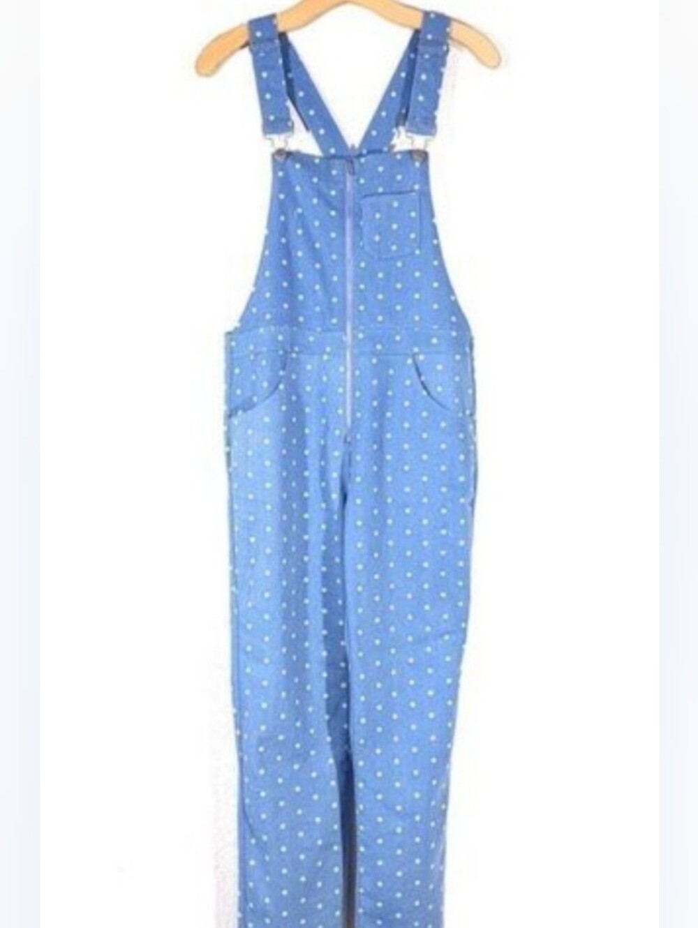 STORIA Polka Dot Denim Overalls Ankle Cropped Jumpsuit, Zipper-front,Slim-fit, S